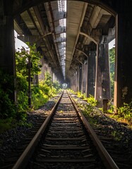 View of train tracks through an arched structure