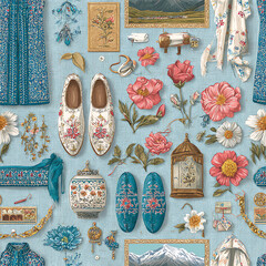 a detailed illustration of traditional russian items such as embroidered shoes, gold jewelry, and colorful flowers on a light blue fabric background