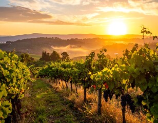 Vineyard at sunset with golden light over rolling hills