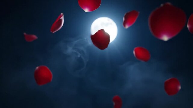 A glowing full moon in a night sky with floating red rose petals and atmospheric fog