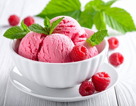 Raspberry ice cream in white bowl on wooden table