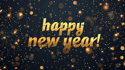 Festive Happy New Year background featuring glittering golden typography with sparkling lights and bokeh effects on a dark blue backdrop