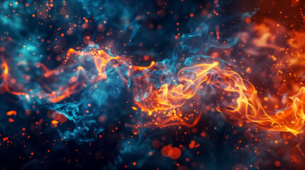 Dynamic abstract background featuring flowing waves of vibrant blue and fiery orange light. Smooth gradients and glowing energy lines create a futuristic