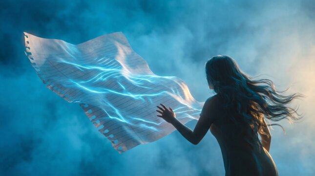 Silhouette of a long haired woman reaching out to a flying paper with glowing blue energy lines