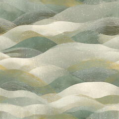 a seamless pattern with a digital illustration of waves, their surfaces adorned in glittering gold and silver lines, their forms rendered in soft pastel hues of sage green and dusty blue.
