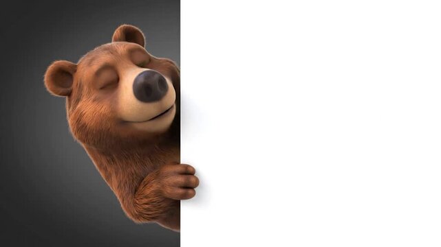 Animated brown bear peeking around a white, blank wall with a gray background