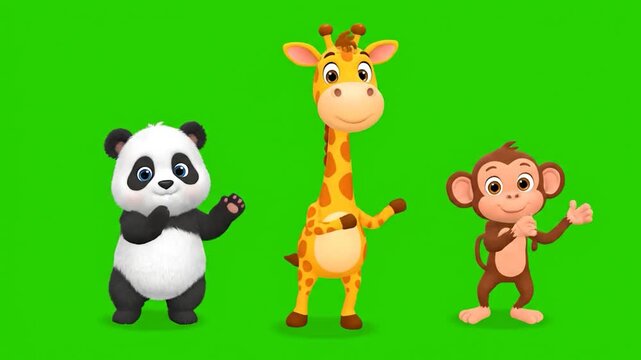 Cartoon animals Panda, giraffe, and monkey on green screen, friendly, colorful