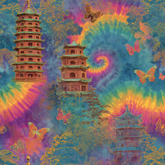 tie-dye effect, chinese pagodas, and butterflies in bright colors on a tie-dye background, detailed, seamless patterns for fabric design.