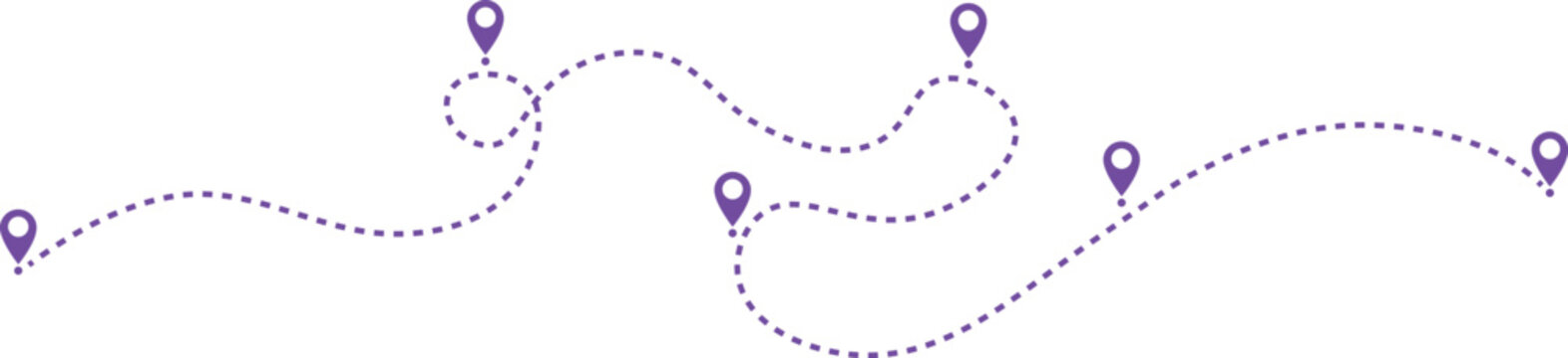 Curved dotted path with multiple purple location pins, abstract travel route design symbolizing navigation and progression