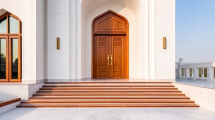 Fototapeta premium Bright, pristine white facade with a grand wooden arched door, stone steps, and marble terrace under daylight