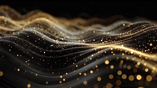 An abstract, flowing design with dark gray wave-like lines and sparkling golden highlights, creating a sense of depth and movement
