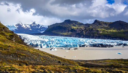 Obraz premium Stunning vista of glacier meeting lake, mountains under a cloudy sky