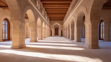 Bright stone cloister corridor with repeating arches wooden ceiling beams and pale tiled floor bathed in light
