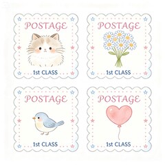 Fototapeta premium an illustration of a Postage stamps painted using sweet watercolor style, white background