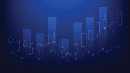 finance and business growth. stock market candlesticks chart with bar graph and indicator on blue background 