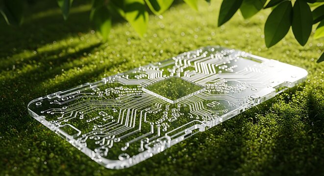 Transparent glass circuit board on lush green moss. Concept of eco-friendly technology, green computing, and sustainable electronics. Minimalist high-tech hardware in a natural environment.