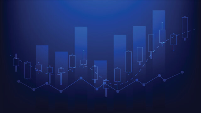 finance and business growth. stock market candlesticks chart with bar graph and indicator on blue background 