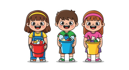 Three smiling cartoon children, two girls and one boy, stand holding buckets filled with sorted recyclables like paper, plastic, and organic waste.