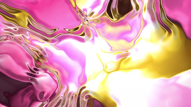 Pink, gold metallic liquid glass seamless loop. Fluid 3D abstract background. Digital animation.