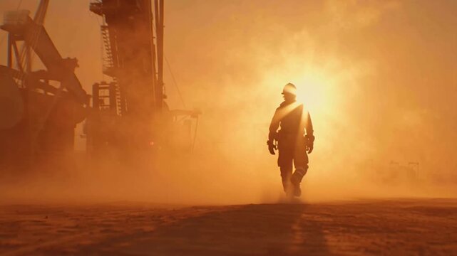 Oil Rig Worker at Sunset