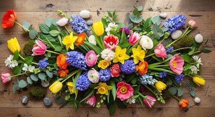 Vibrant floral arrangement on rustic wood creates a colorful still life