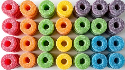 Vibrant stacks of assorted candy rings arranged on a pristine backdrop