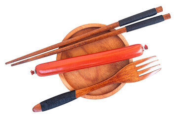 flat lay of chopsticks and fork spoon with delicious sausage isolated on a transparent background