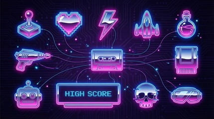 Vibrant neon retro gaming icons set featuring a central cassette tape and connected digital elements ideal for streaming digital content and tech-themed designs