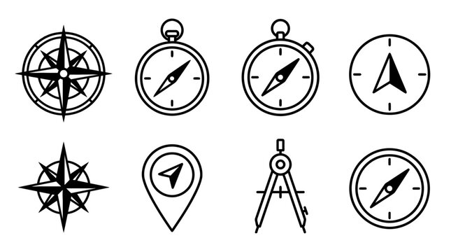 compass , black vector icon set collection , white background , SVG and PNG