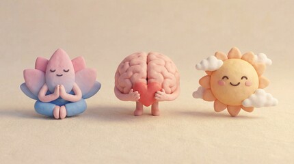 Cute 3D clay figures of a meditating lotus flower a brain holding a heart and a smiling sun with clouds representing mindfulness mental health and positivity
