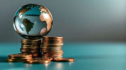 Stacked coins and various cryptocurrencies placed beside a glass globe on a reflective surface. Concept of global finance, digital currency, investment growth, and international economic markets