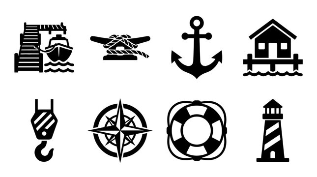 dock , black vector icon set collection , white background , SVG and PNG