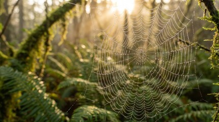 Dewdrops Adorn Delicate Spiderweb in Morning Sunlight