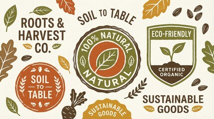 Collection of organic and eco-friendly badges labels and illustrations for sustainable goods featuring roots harvest and soil to table concepts perfect for branding and packaging