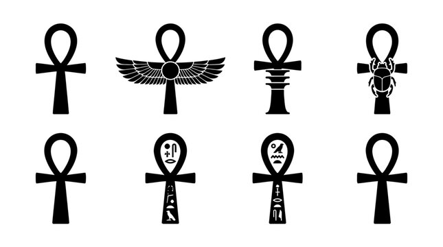 egyptian ankh , black vector icon set collection , white background , SVG and PNG