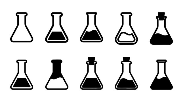 erlenmeyer flask , black vector icon set collection , white background , SVG and PNG
