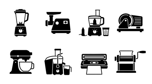 food processing machine , black vector icon set collection , white background , SVG and PNG