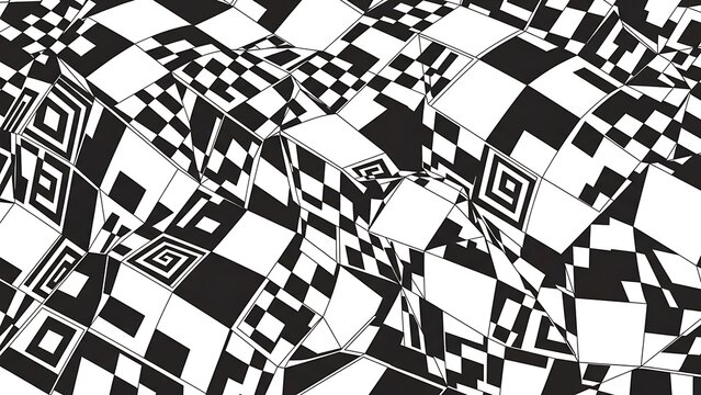 Monochrome checkered illusion, geometric surface with distorted pattern