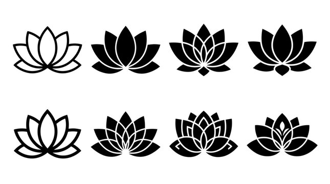 lotus flower , black vector icon set collection , white background , SVG and PNG
