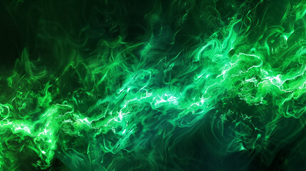 Abstract green energy waves with glowing electric currents flowing through dark space. Vibrant neon plasma lines and smoky light textures create a powerful futuristic background