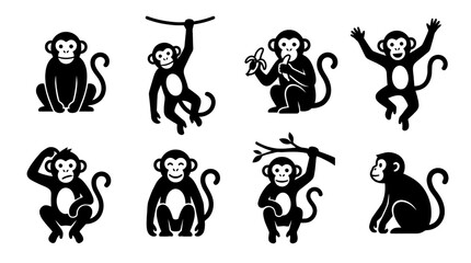 Obraz premium monkey , black vector icon set collection , white background , SVG and PNG