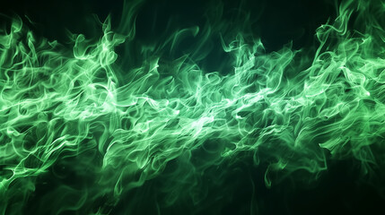 Abstract green energy waves with glowing electric currents flowing through dark space. Vibrant neon plasma lines and smoky light textures create a powerful futuristic background