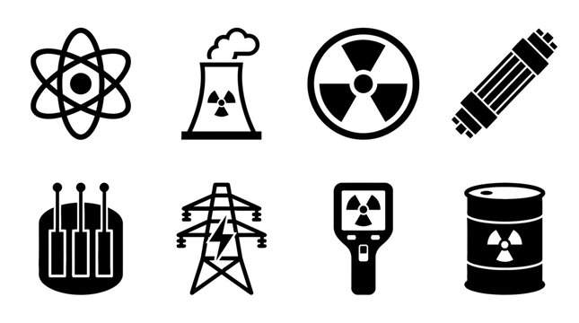 nuclear energy , black vector icon set collection , white background , SVG and PNG