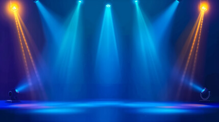 Empty stage with blue and yellow spotlights illuminating a dramatic performance area. Colorful beams shine onto a glowing floor, creating a vibrant entertainment atmosphere