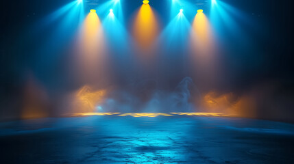 Empty stage with blue and yellow spotlights illuminating a dramatic performance area. Colorful beams shine onto a glowing floor, creating a vibrant entertainment atmosphere