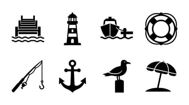 pier , black vector icon set collection , white background , SVG and PNG