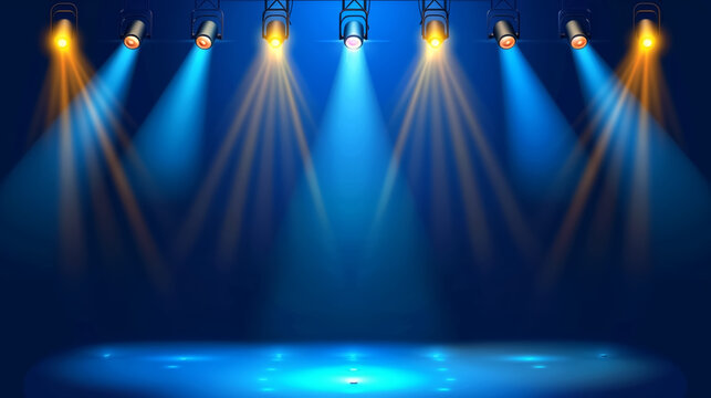 Empty stage with blue and yellow spotlights illuminating a dramatic performance area. Colorful beams shine onto a glowing floor, creating a vibrant entertainment atmosphere