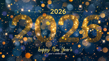 Festive 2026 Happy New Year background with sparkling golden numbers and shimmering glitter lights on a dark blue bokeh backdrop