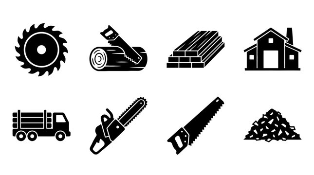 sawmill , black vector icon set collection , white background , SVG and PNG