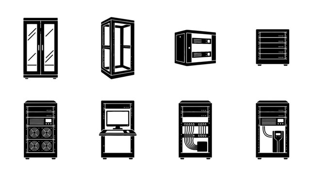 server rack , black vector icon set collection , white background , SVG and PNG